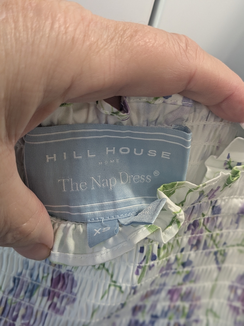 Hill House White Floral Smocked Ruffle Mini Dress in Lavender and Green - Picture 5 of 9